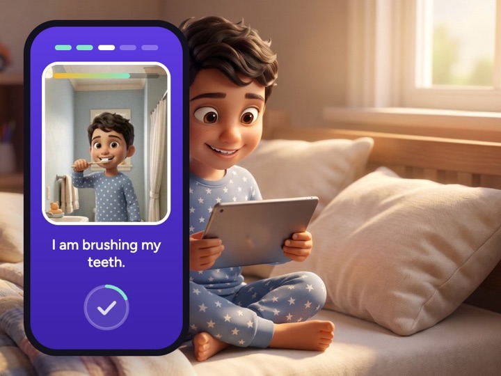 A child plays a tooth-brushing routine on a tablet